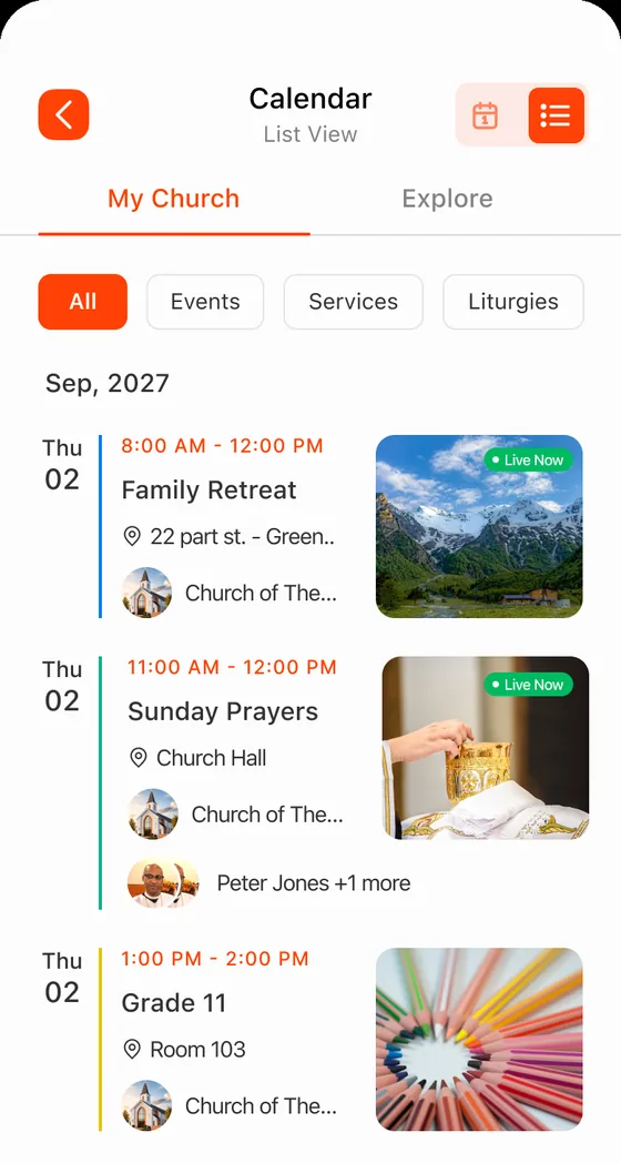 The calendar assembling itself — Family Retreat, Sunday Prayers, Grade 11