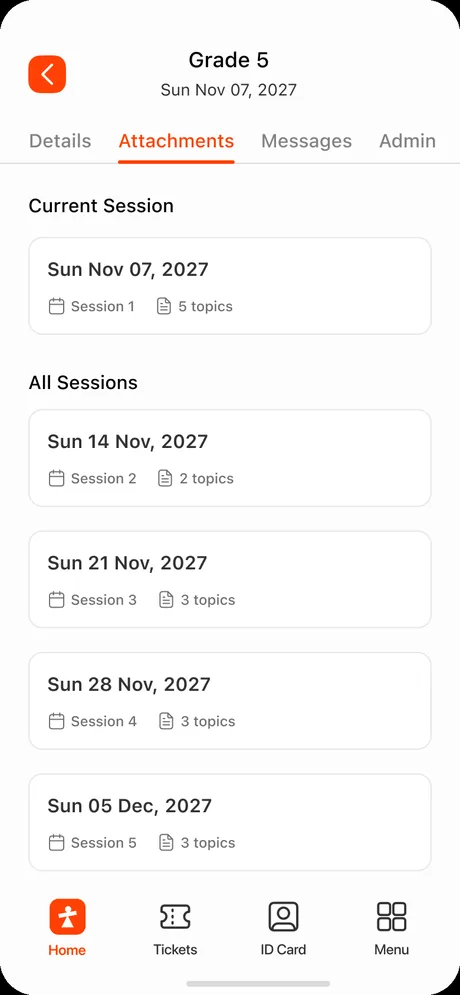 ChurchPlan app — current session and all sessions with topic counts
