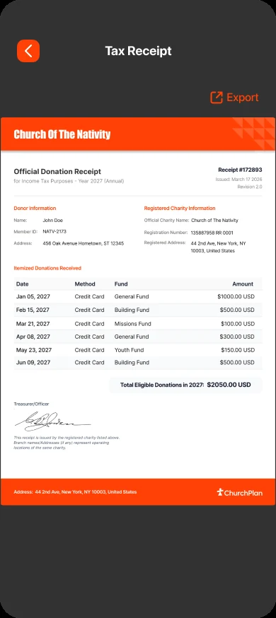 A member's annual tax receipt in the app