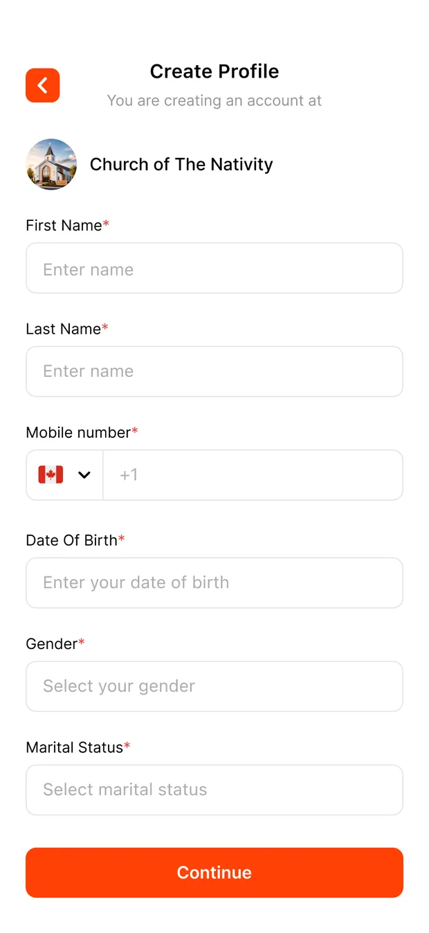 Create Profile — name, mobile, date of birth, entered by the member