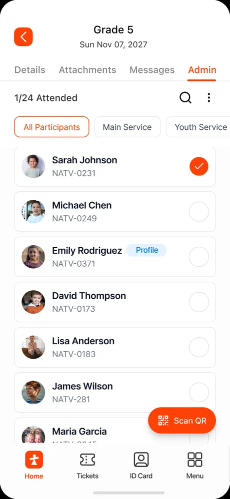 Attendance list — participants with check marks
