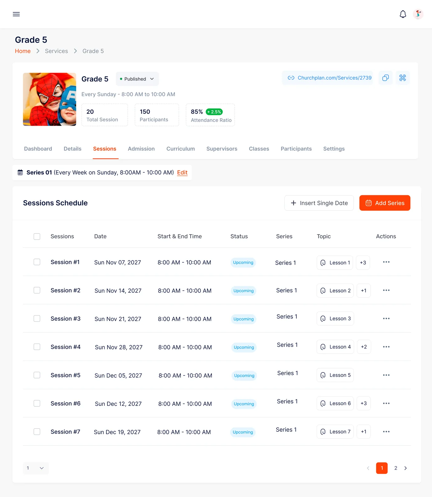 Sessions schedule — a whole series generated with lessons attached to each date