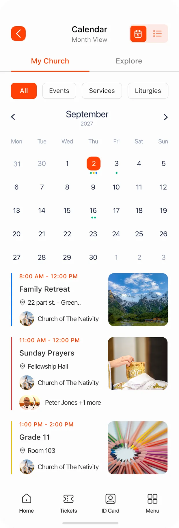 The month view — dot-coded days, September 2027