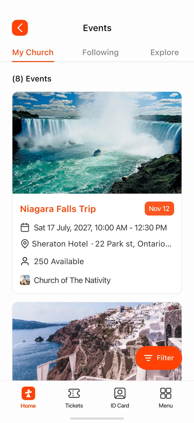 Events feed — My Church, Following and Explore tabs, with the Niagara Falls Trip