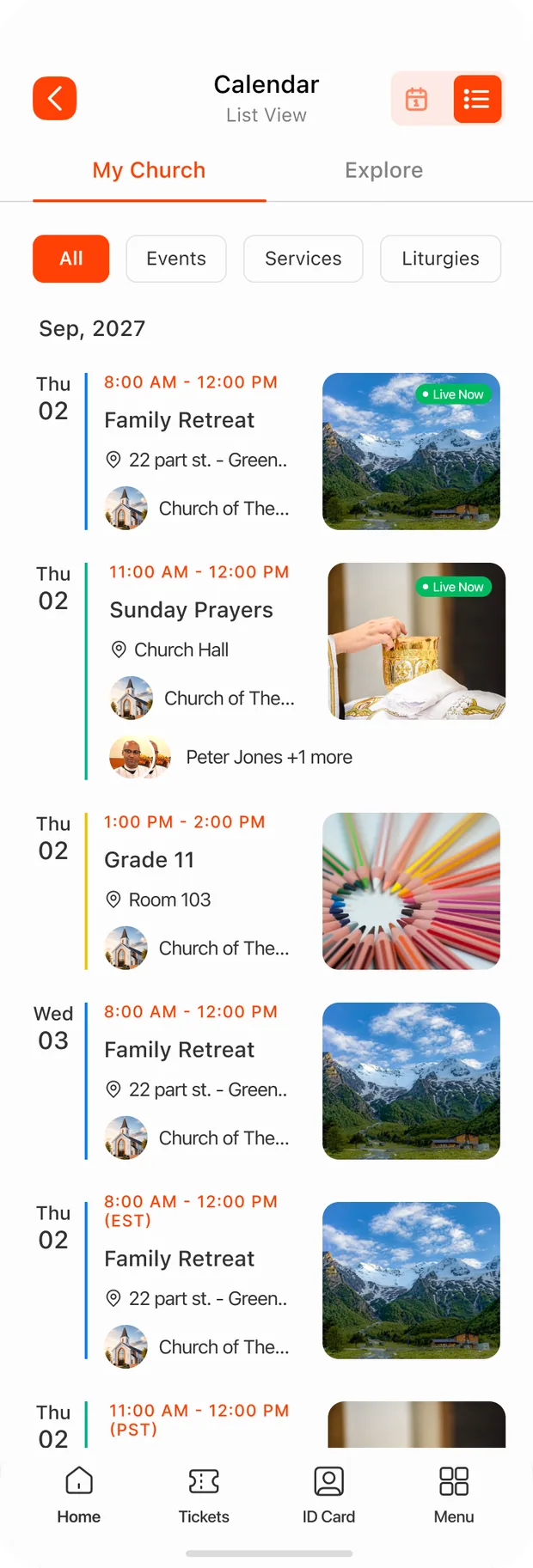 The schedule view — Family Retreat, Sunday Prayers live now, Grade 11