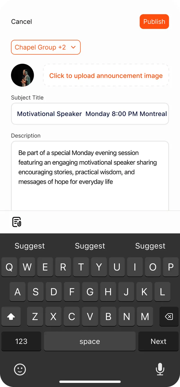 Writing an announcement on a phone — audience picker set to Chapel Group +2