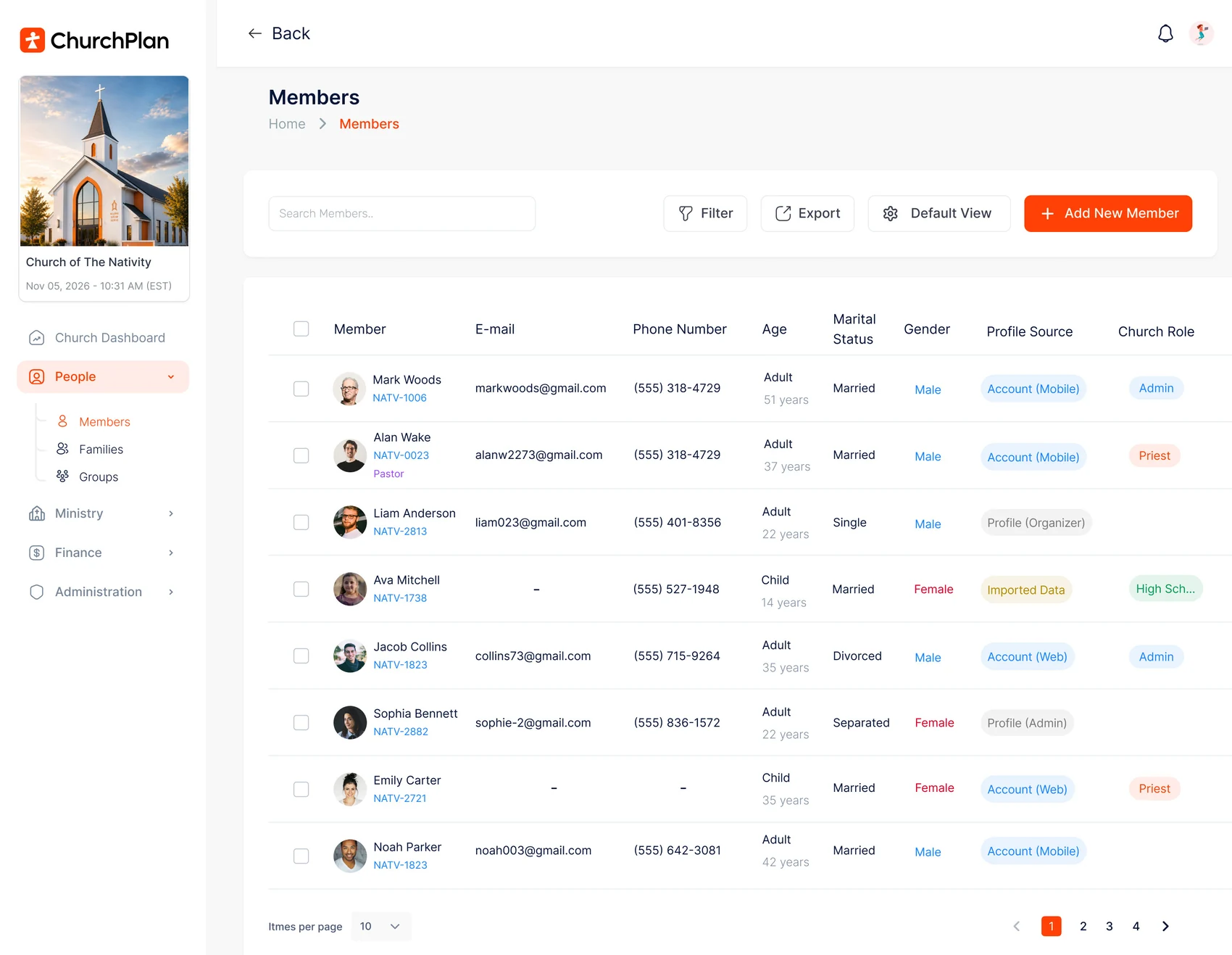 The Members directory — profile sources, church roles, families