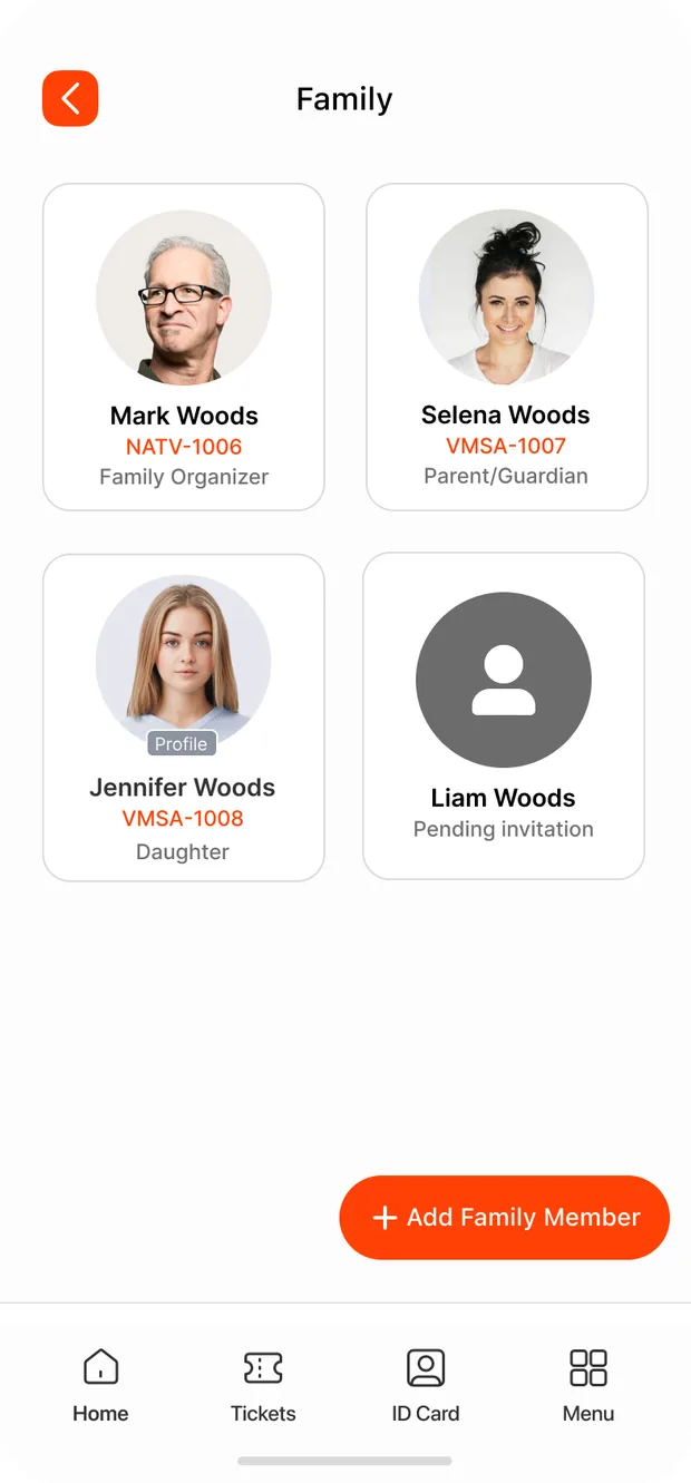 The Family screen — organizer, spouse, daughter, and a pending invitation