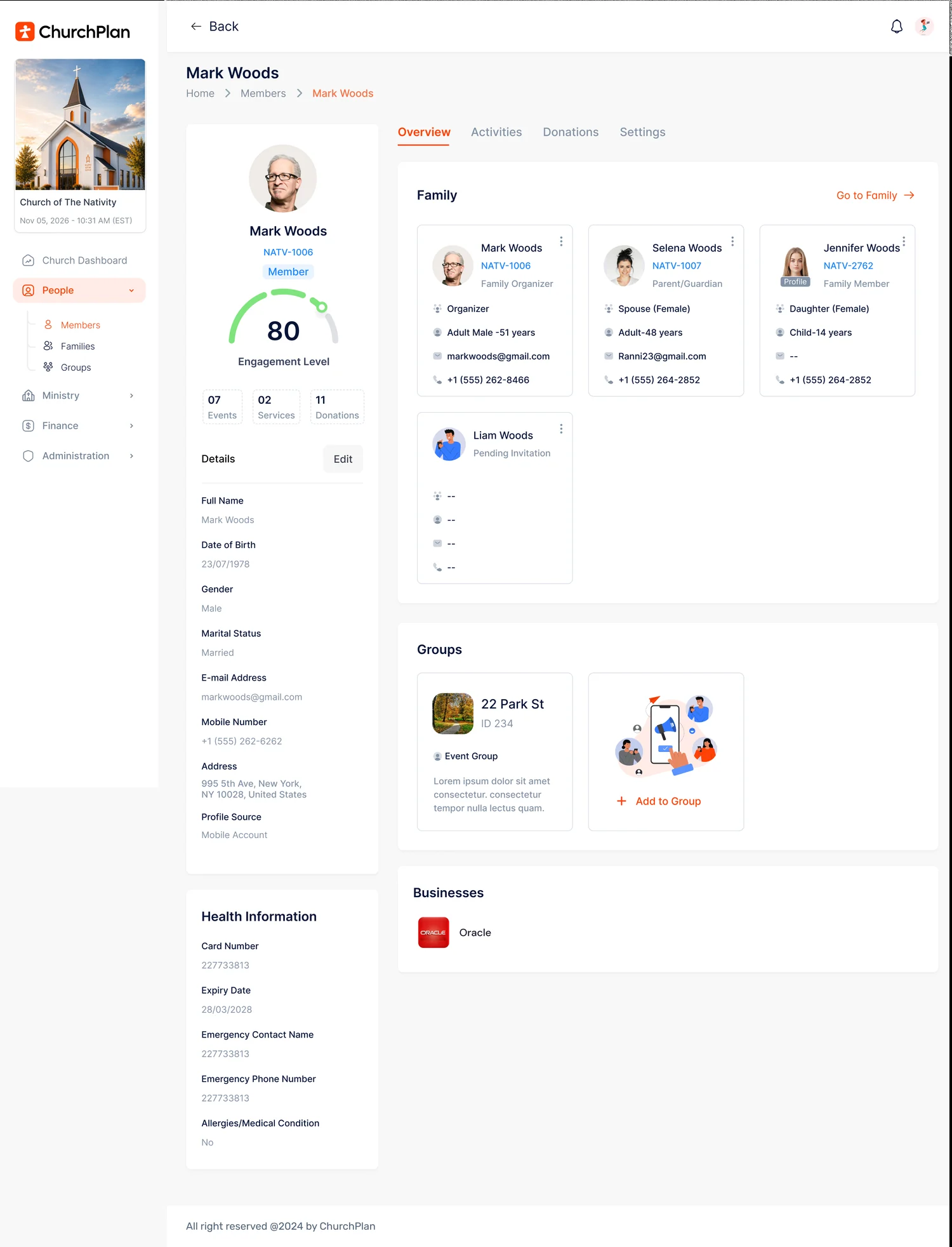 Mark Woods' overview — family cards, groups, businesses, engagement level 80