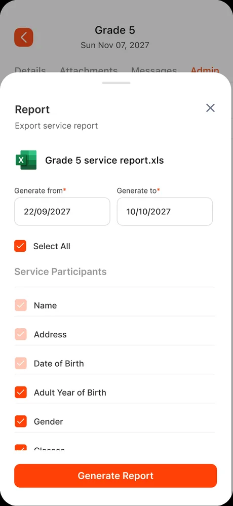 Report generation — export service report as Excel