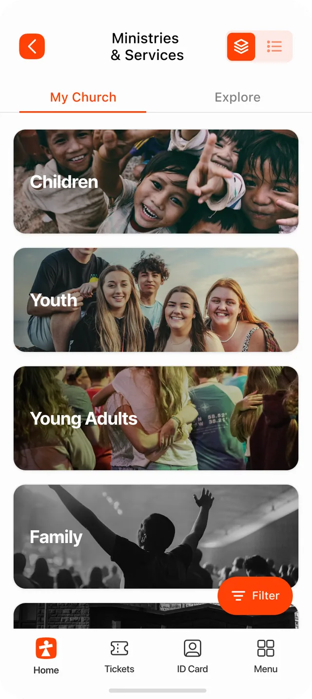 ChurchPlan app — Services by category: Children, Youth, Young Adults, Family