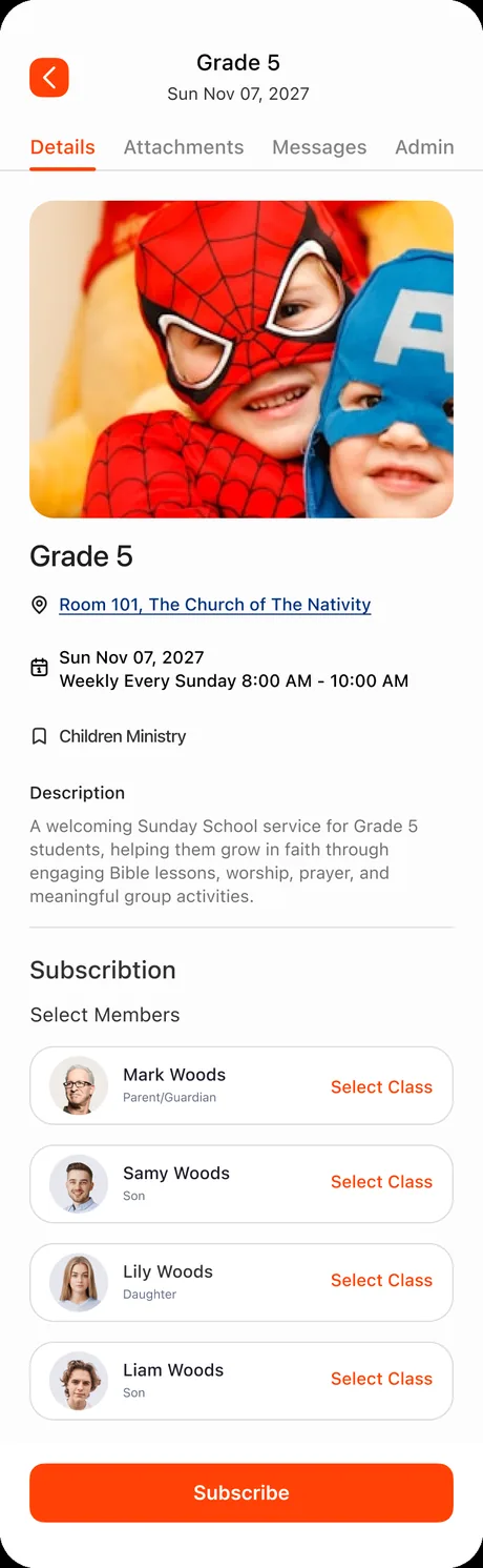 Service details — parents subscribe each family member and select a class