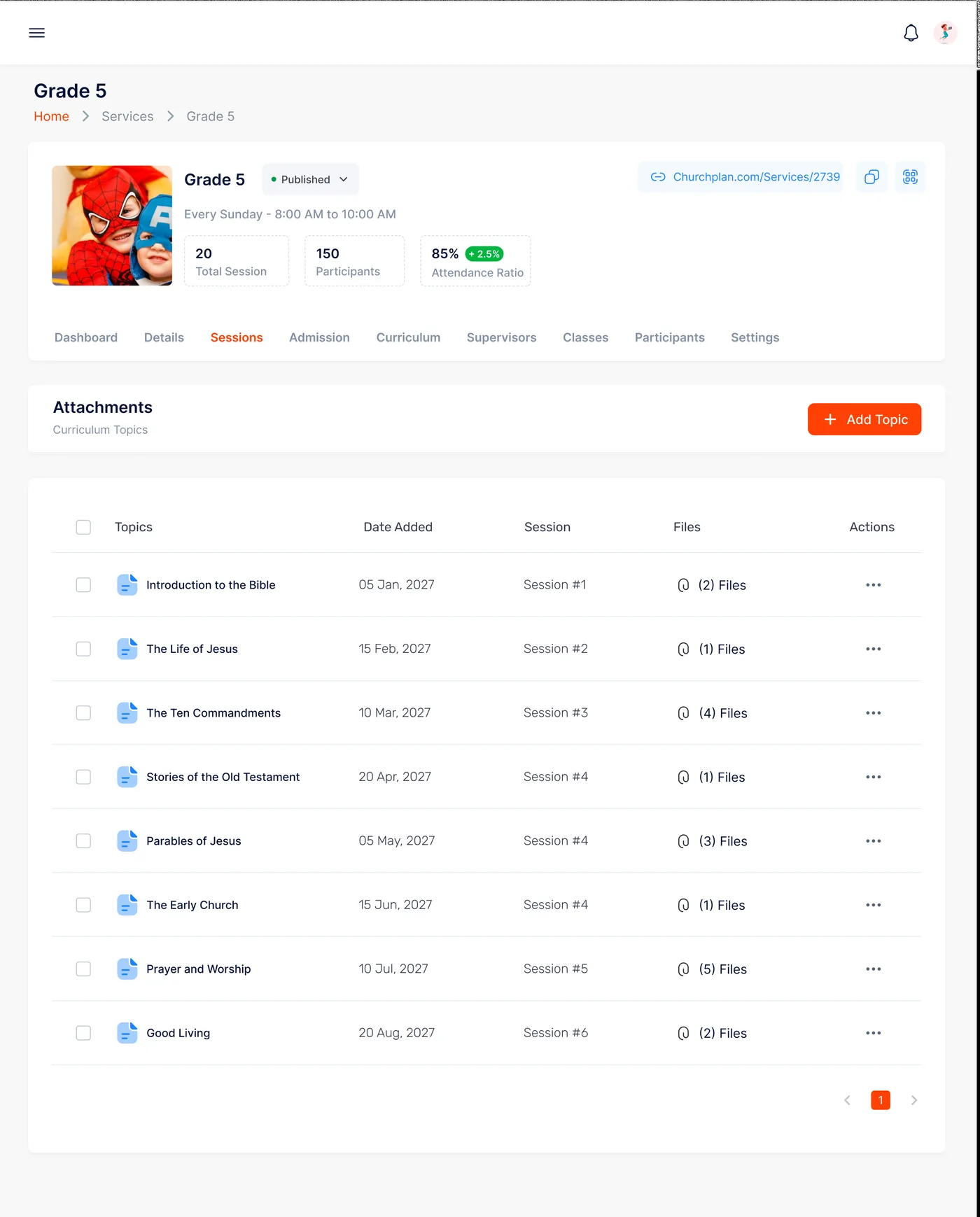 Admin portal — curriculum topics with files per session