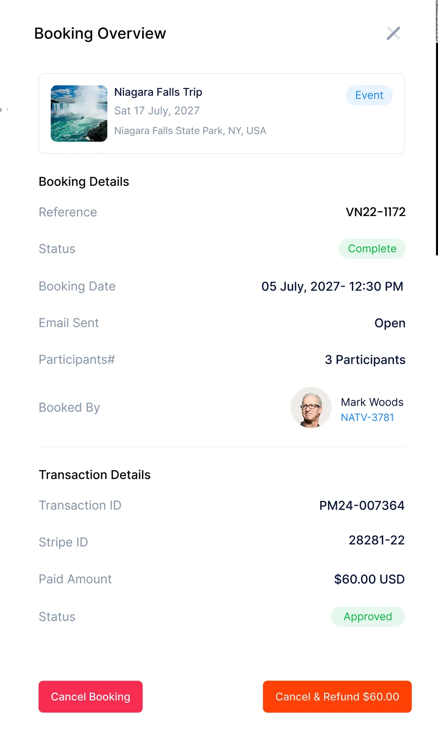 Booking overview — Mark Woods, 3 participants, $60.00 approved, Cancel & Refund in one click
