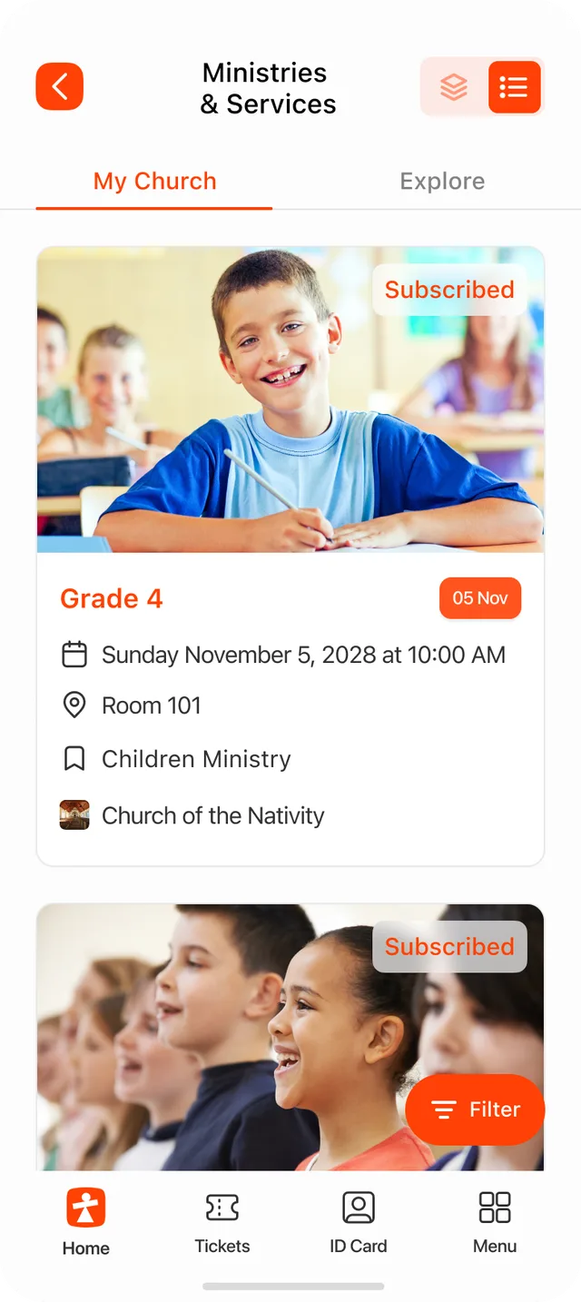 ChurchPlan app — subscribed Sunday School classes with My Church and Explore tabs